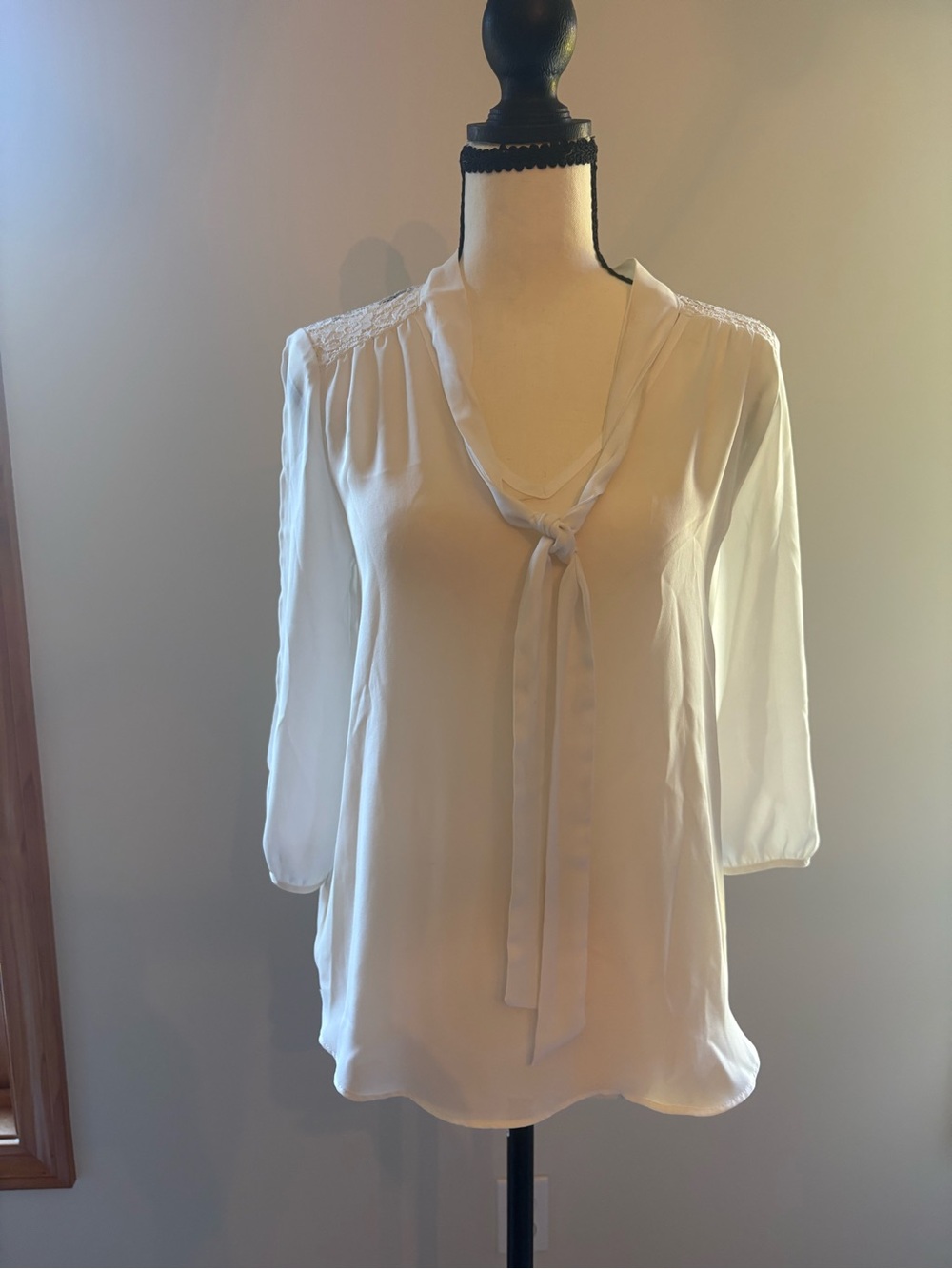 BCX Ivory Tie-Neck Blouse with Lace Shoulders
